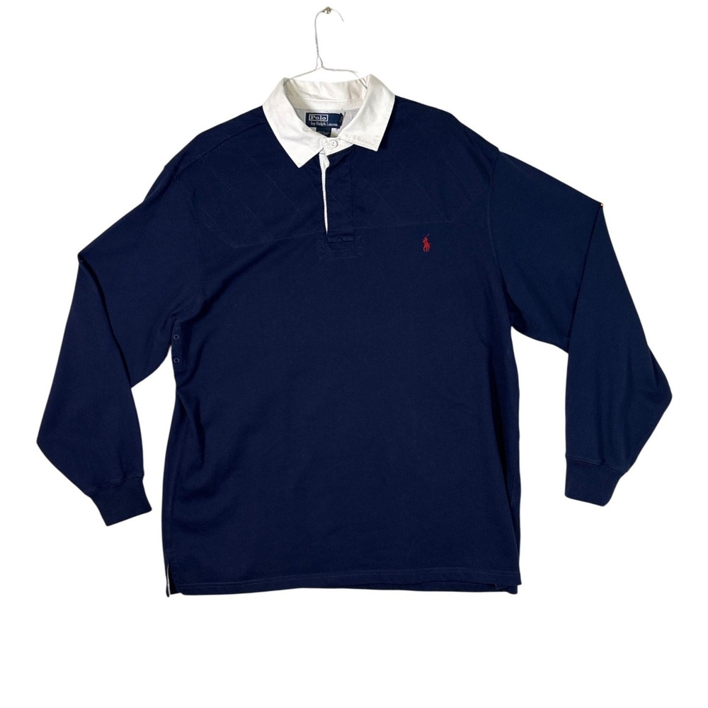 Polo Ralph Lauren Mens 2XLT Tall Navy Blue Quilted Shoulder Rugby Shirt Long Slv